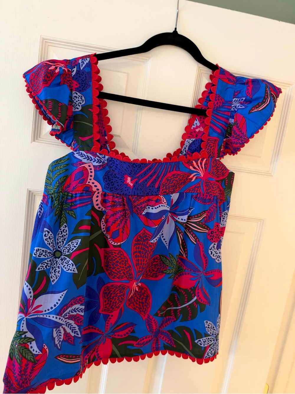 Vibrant Blue Floral Ruffle Sleeve Top